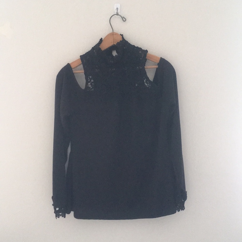 Black Lucky L Cold Shoulder Long Sleeve Lace Top